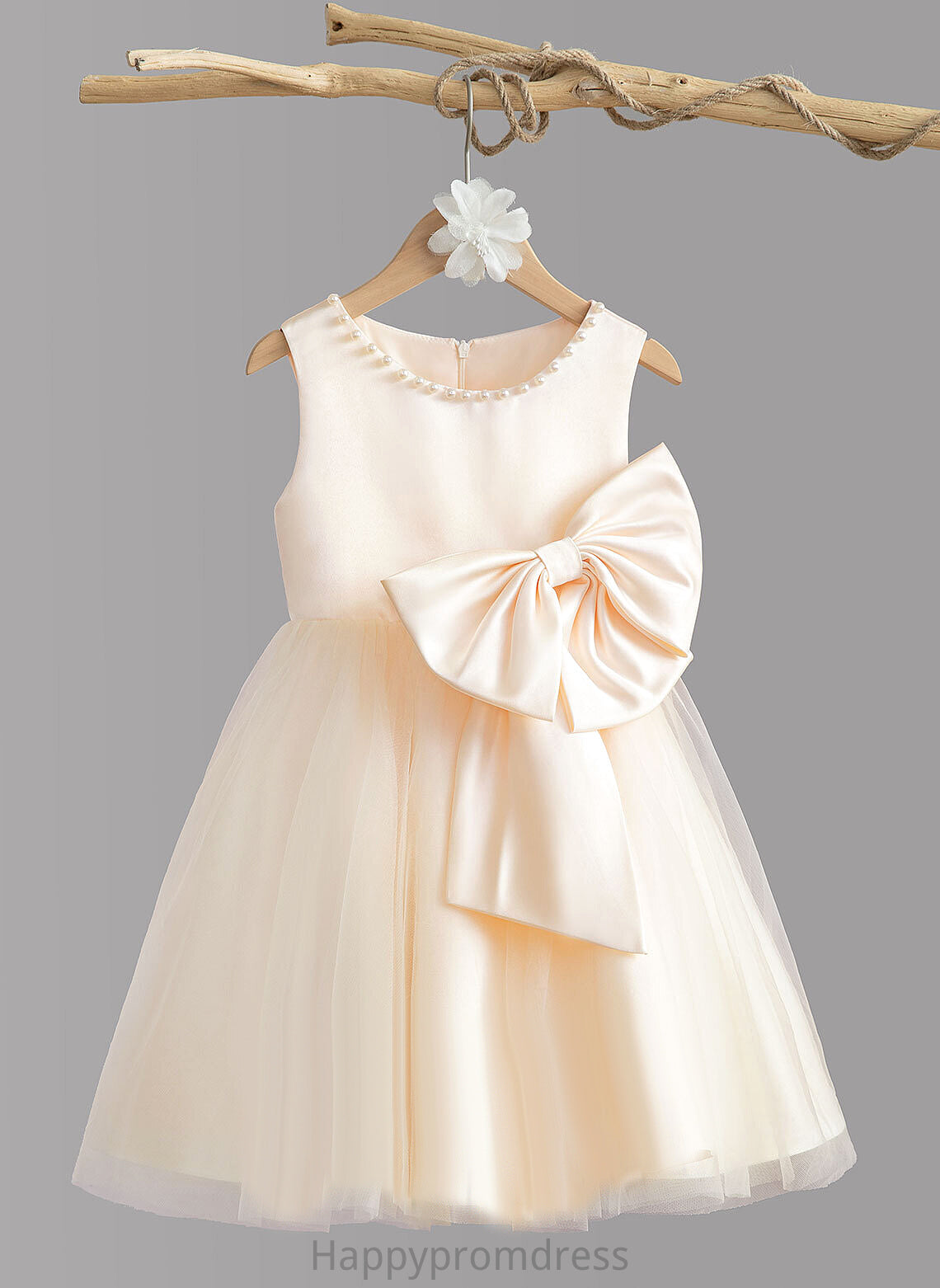 With Scalloped Sleeveless Girl - Flower Girl Dresses A-Line Knee-length Pru Satin Dress Beading/Bow(s) Flower Neck