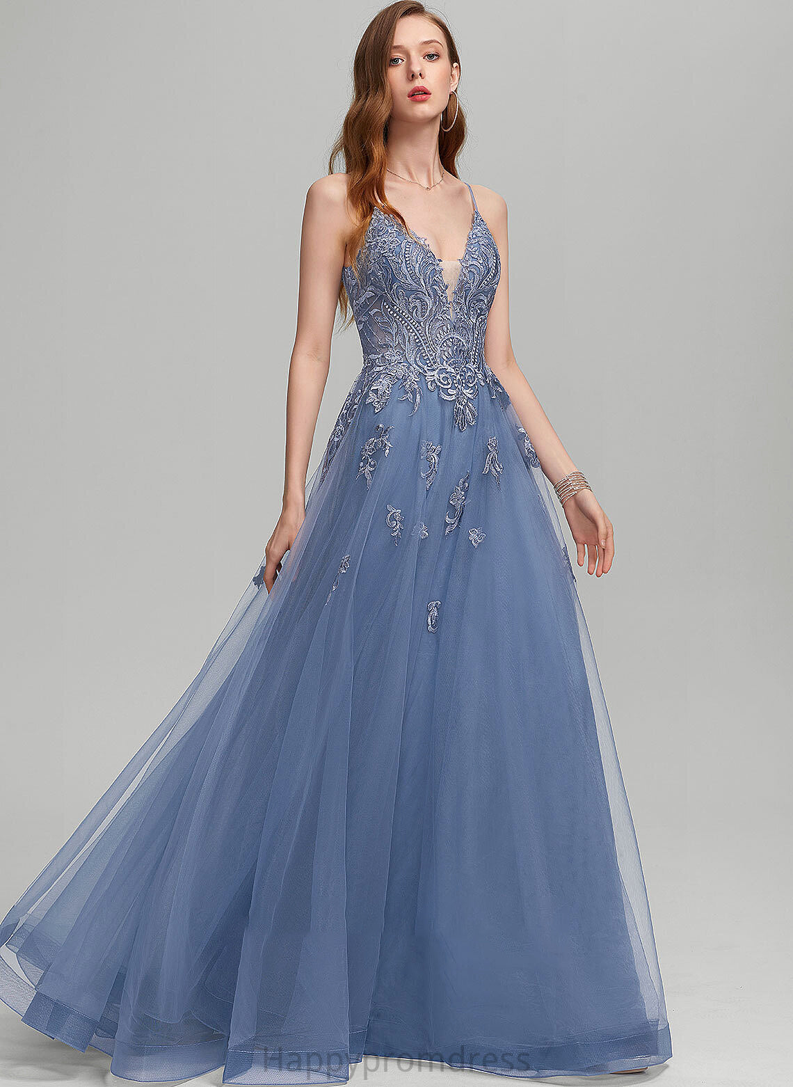 Sequins With A-Line V-neck Tulle Floor-Length Adelaide Prom Dresses