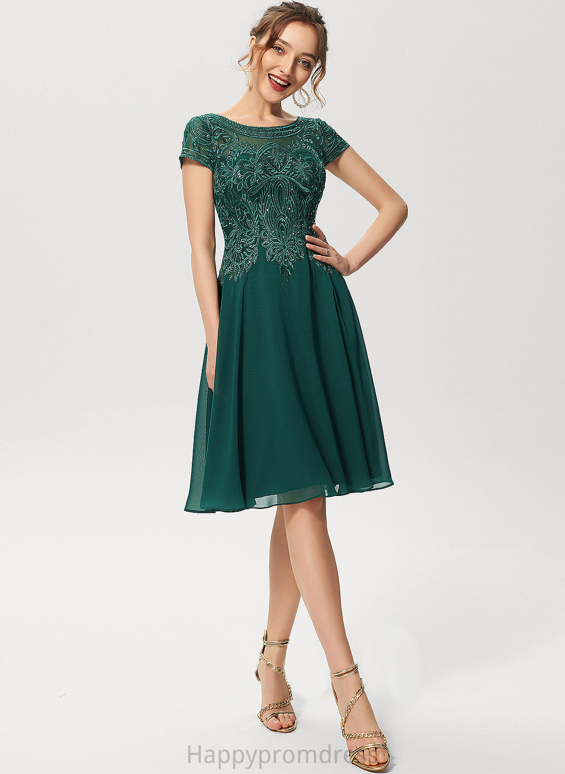 A-Line Cocktail Dresses Knee-Length Neck Scoop Sequins Dress With Cocktail Adelaide Chiffon Lace