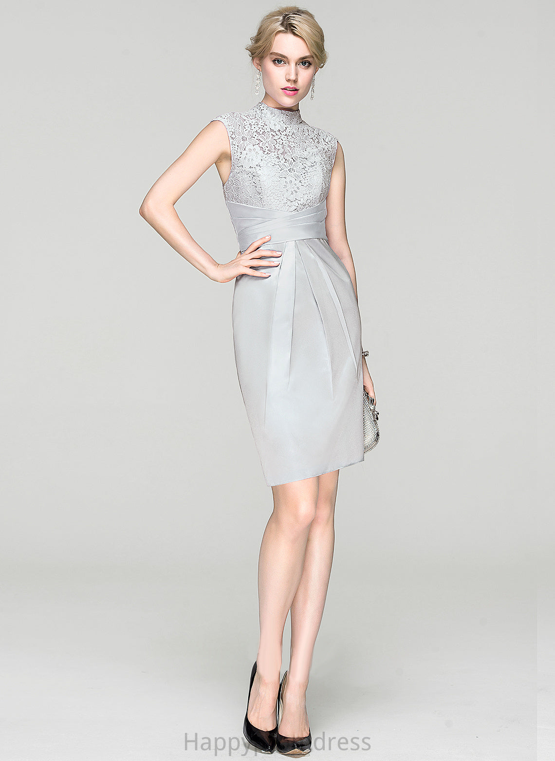 Neck High Cocktail Dresses Dress Knee-Length Sheath/Column Cocktail Charmeuse Ruffle With Aiyana Lace