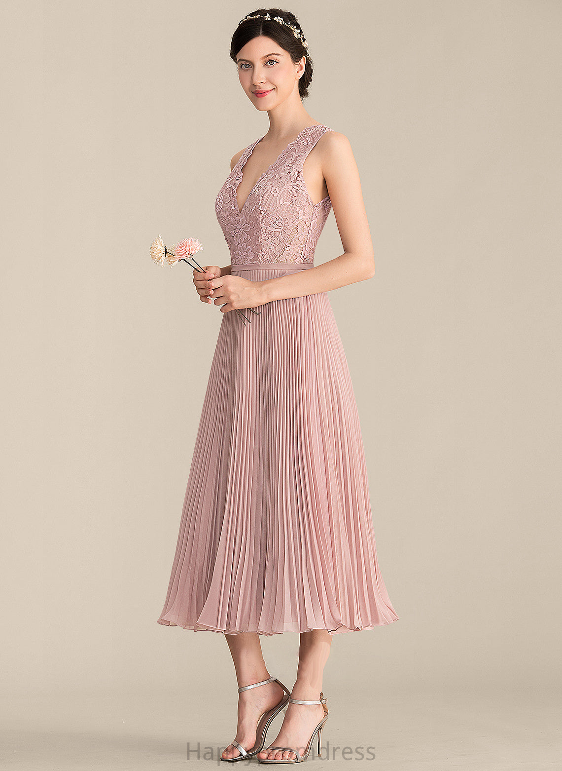 Pleated Fabric V-neck Embellishment Neckline Length Silhouette A-Line Tea-Length Phoebe Straps Natural Waist Bridesmaid Dresses