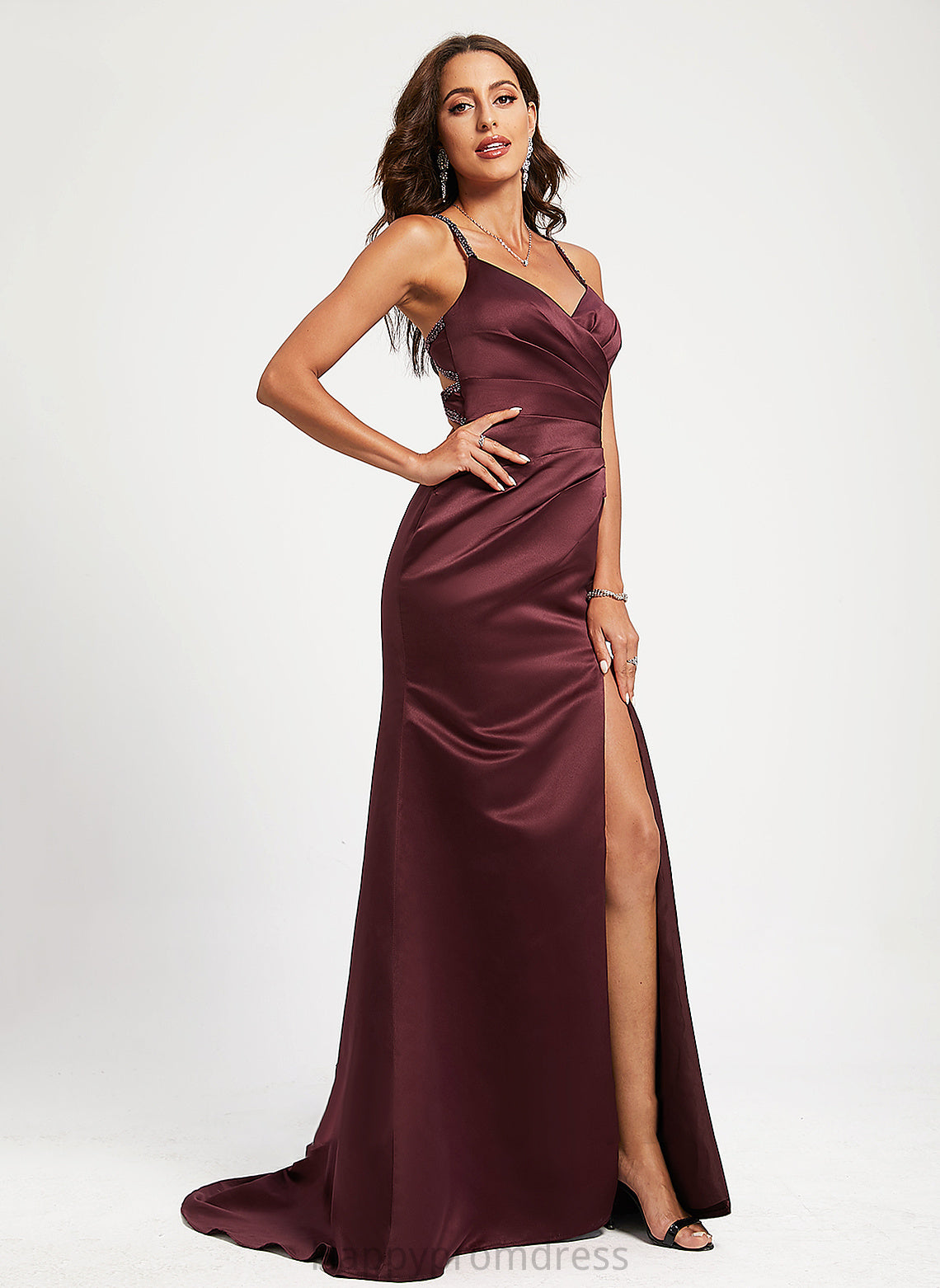 Beading V-neck Sweep Satin With Train Cheyenne Sequins Trumpet/Mermaid Prom Dresses