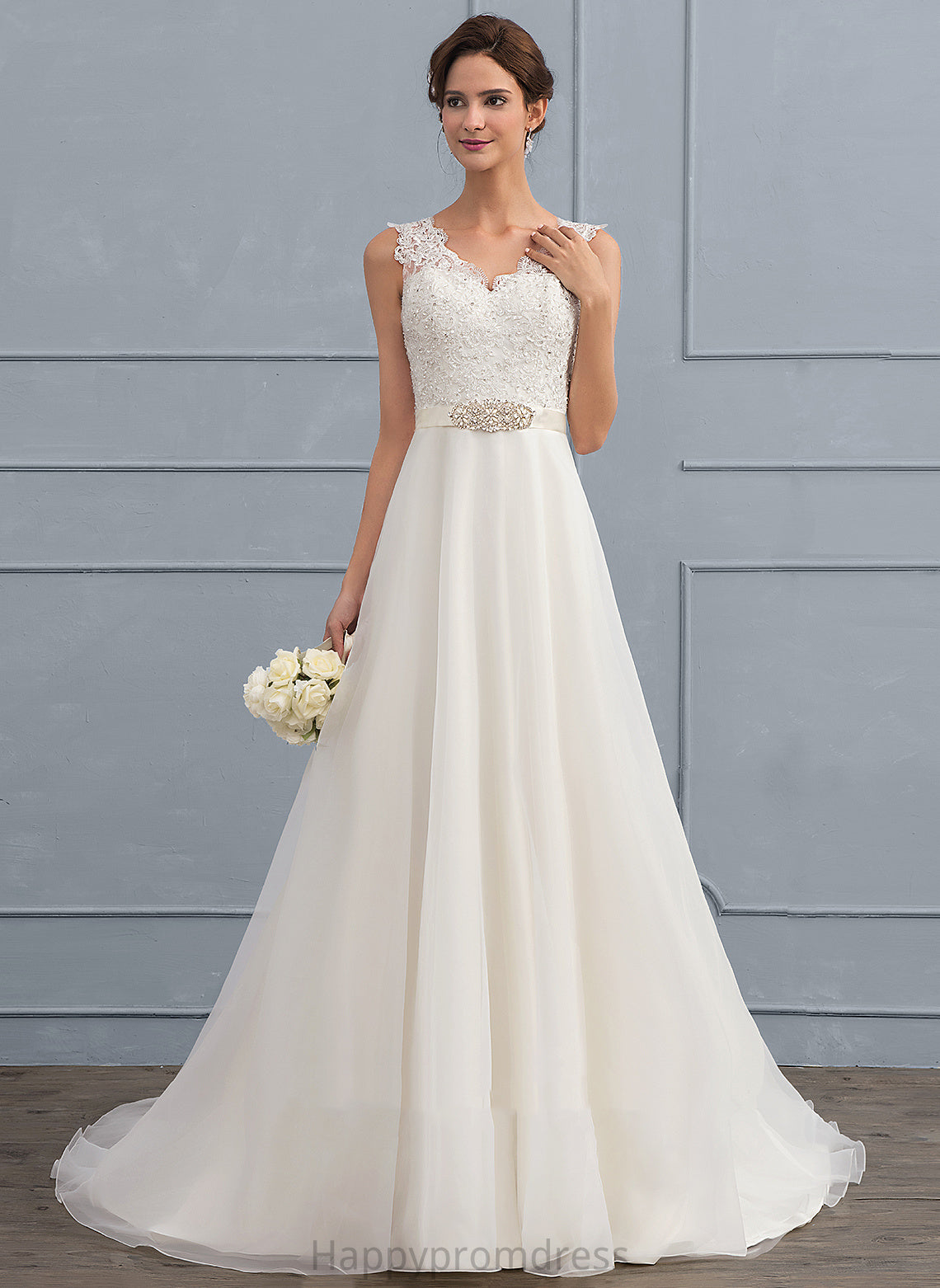 V-neck Train Wedding Dresses Wedding With A-Line Organza Bow(s) Lace Dress Kayden Beading Sweep