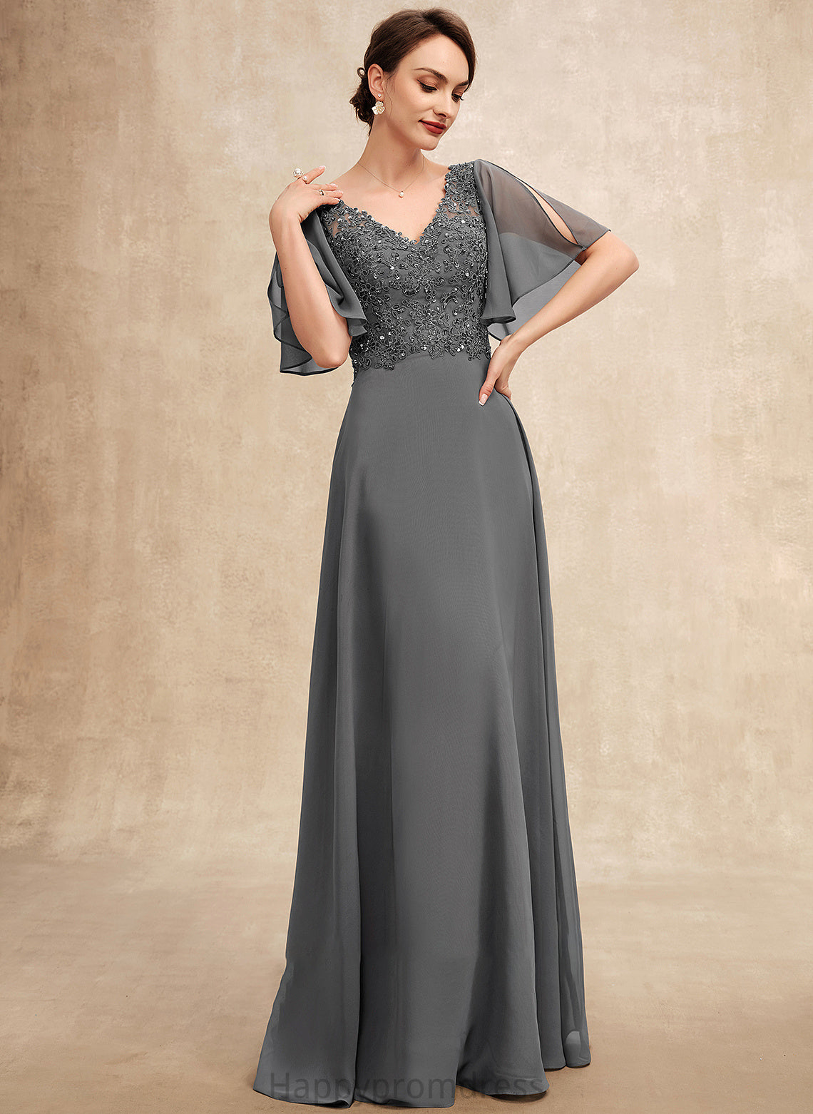 Bride of V-neck A-Line Mother of the Bride Dresses Floor-Length Dress Lace Hope Mother Sequins Beading With Chiffon the