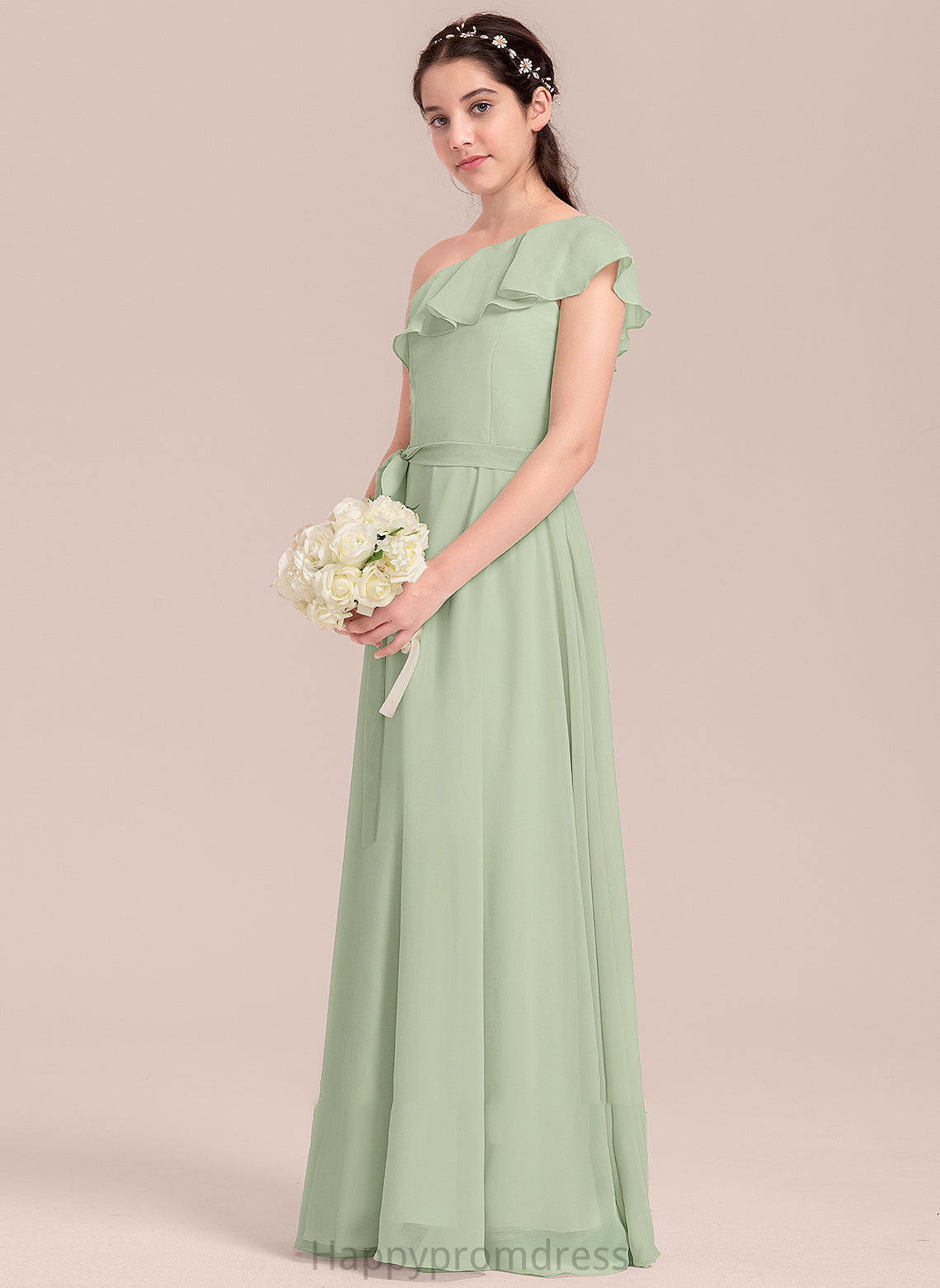 Gianna Junior Bridesmaid Dresses A-Line Ruffles Cascading Floor-Length With Chiffon One-Shoulder