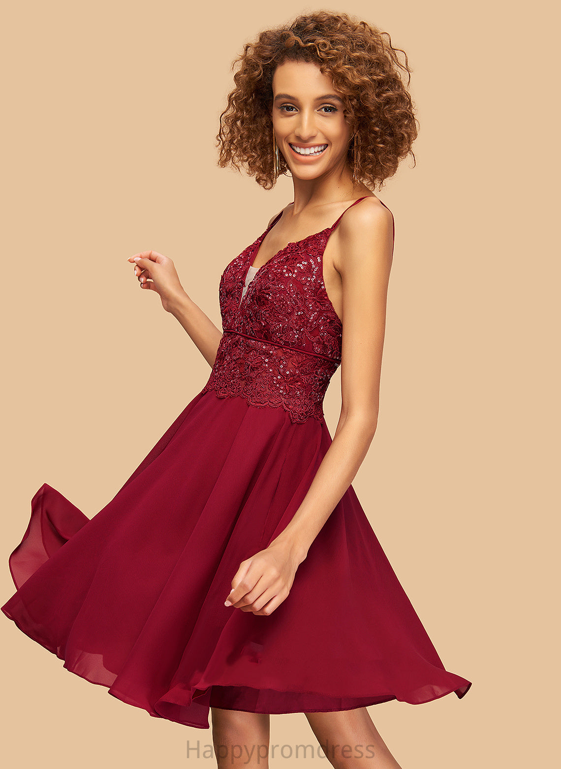 Homecoming Dresses Dress Sequins With A-Line Short/Mini Lace Homecoming Chiffon V-neck Kenley