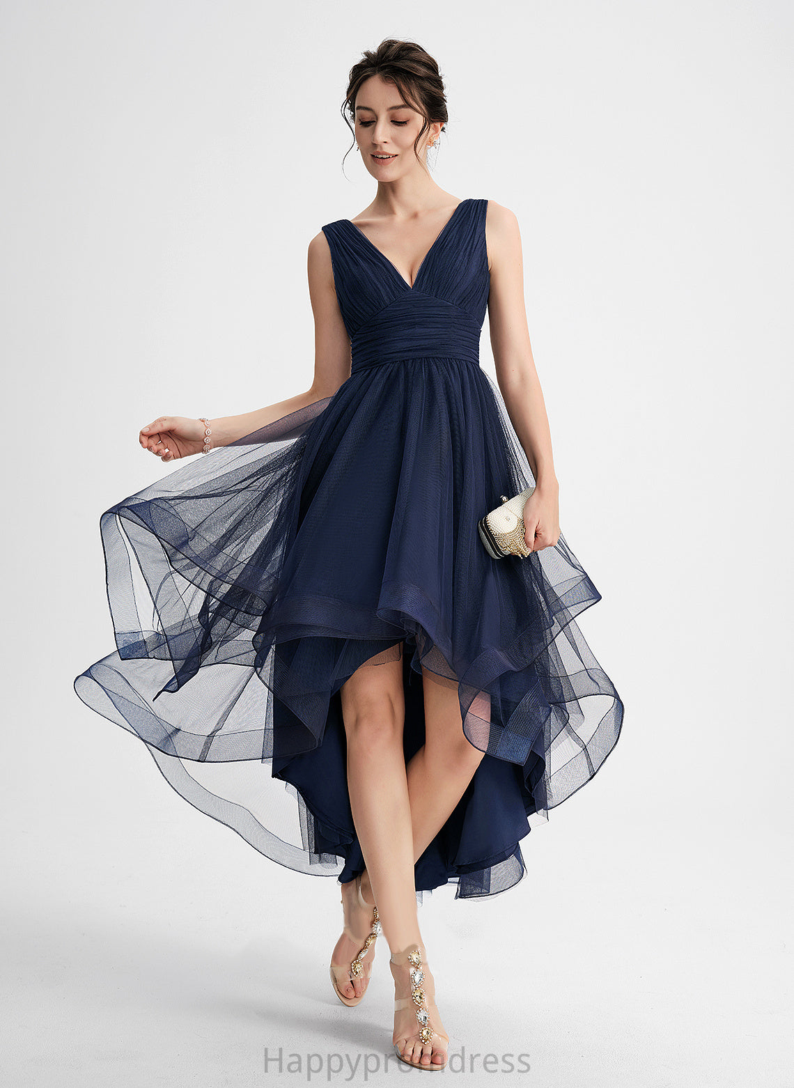 Adrienne Asymmetrical Tulle Cascading V-neck With A-Line Dress Pleated Cocktail Cocktail Dresses Ruffles