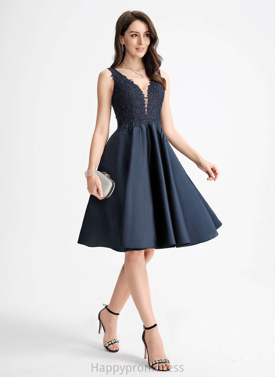 With Lace V-neck Satin Adyson Homecoming Dresses Knee-Length Beading A-Line Dress Homecoming