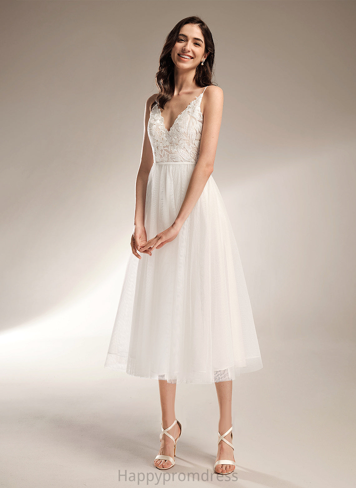 Wedding Dresses Tulle A-Line Lace Persis Dress Tea-Length Wedding V-neck