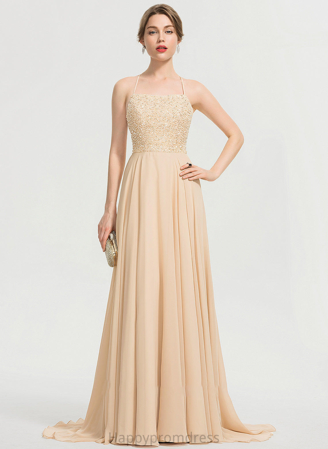 Sweep Train With Prom Dresses Square Neckline Sal Sequins Beading Chiffon A-Line