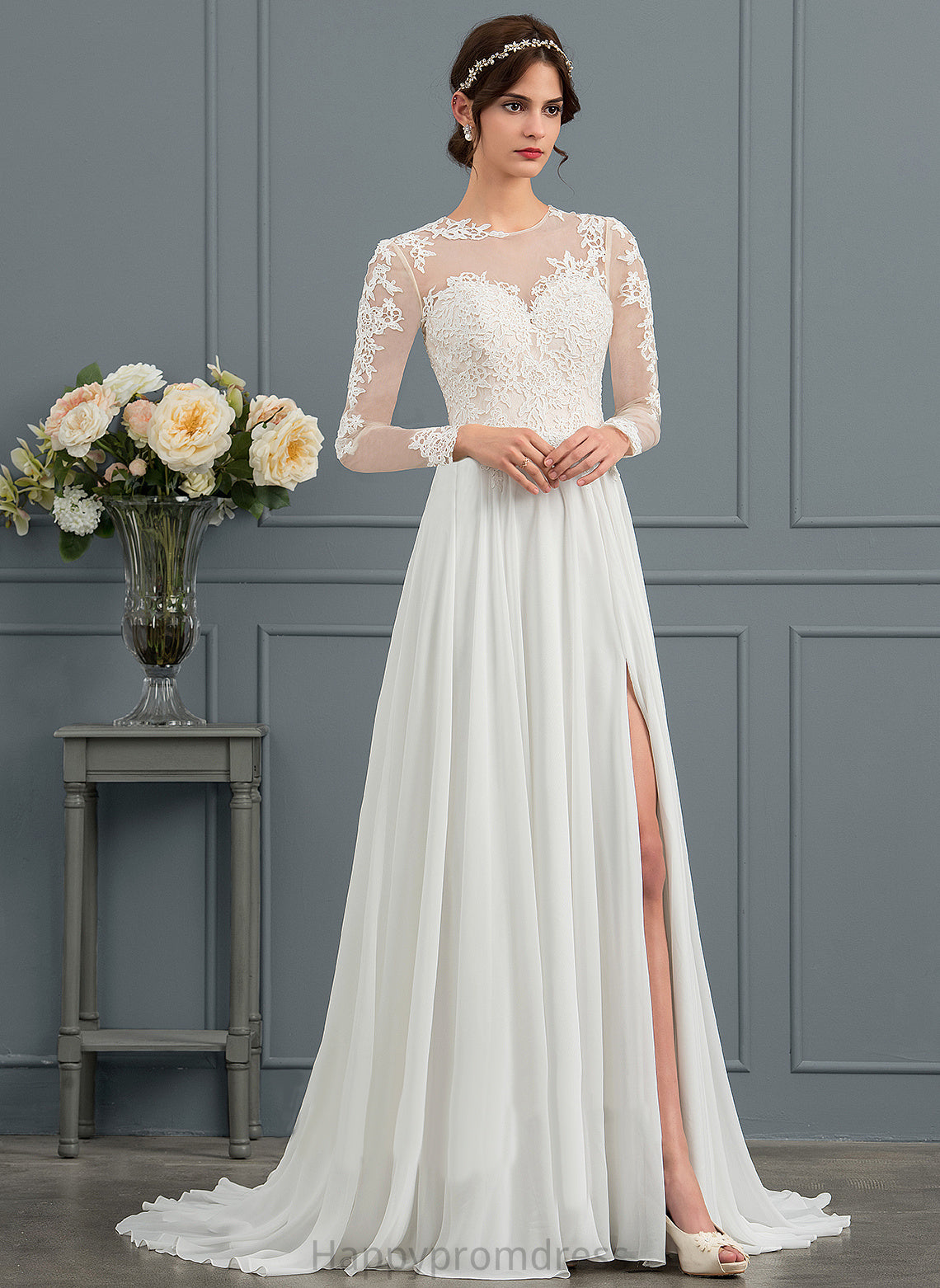 Janiah With Tulle Train Split Illusion Appliques Wedding Sweep Dress Lace Front A-Line Wedding Dresses Chiffon