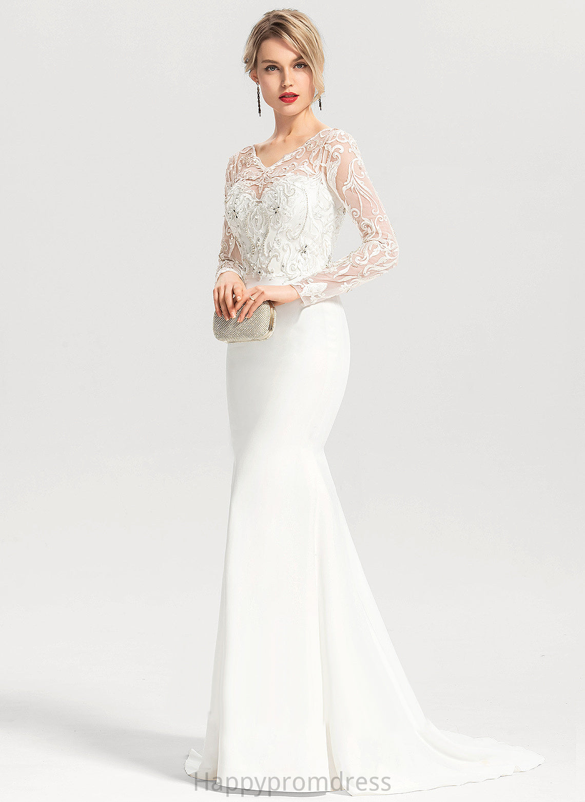 Wedding Dresses Train V-neck Stretch Sweep With Wedding Sequins Lace Dress Beading Trumpet/Mermaid Kaelyn Crepe