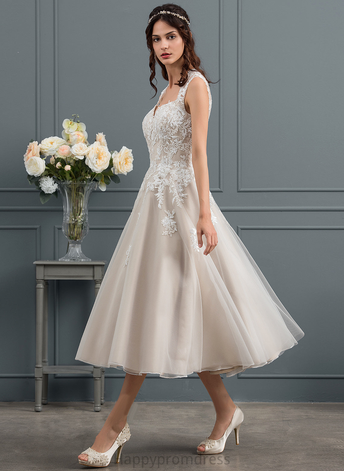 Wedding Rachel Tulle Wedding Dresses With Lace Sweetheart Tea-Length Sequins Dress Ball-Gown/Princess