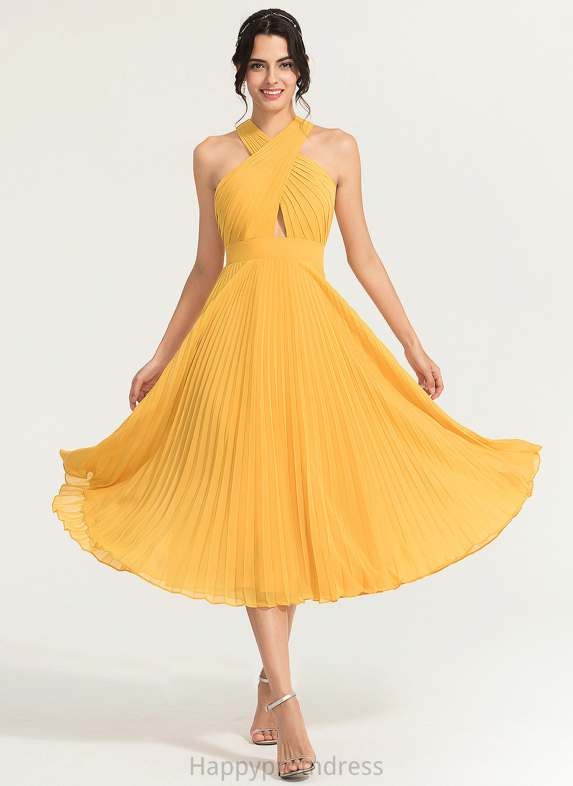 Chiffon Dress Pleated With A-Line Tea-Length Alexandria Cocktail V-neck Cocktail Dresses