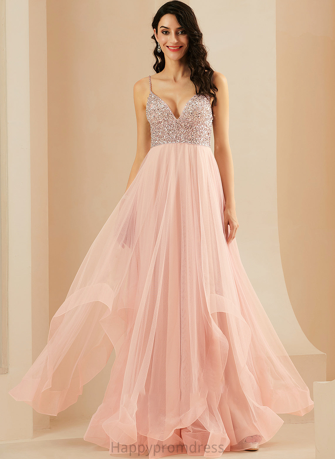 With Sequins V-neck Floor-Length Tulle Jasmine Prom Dresses A-Line Beading