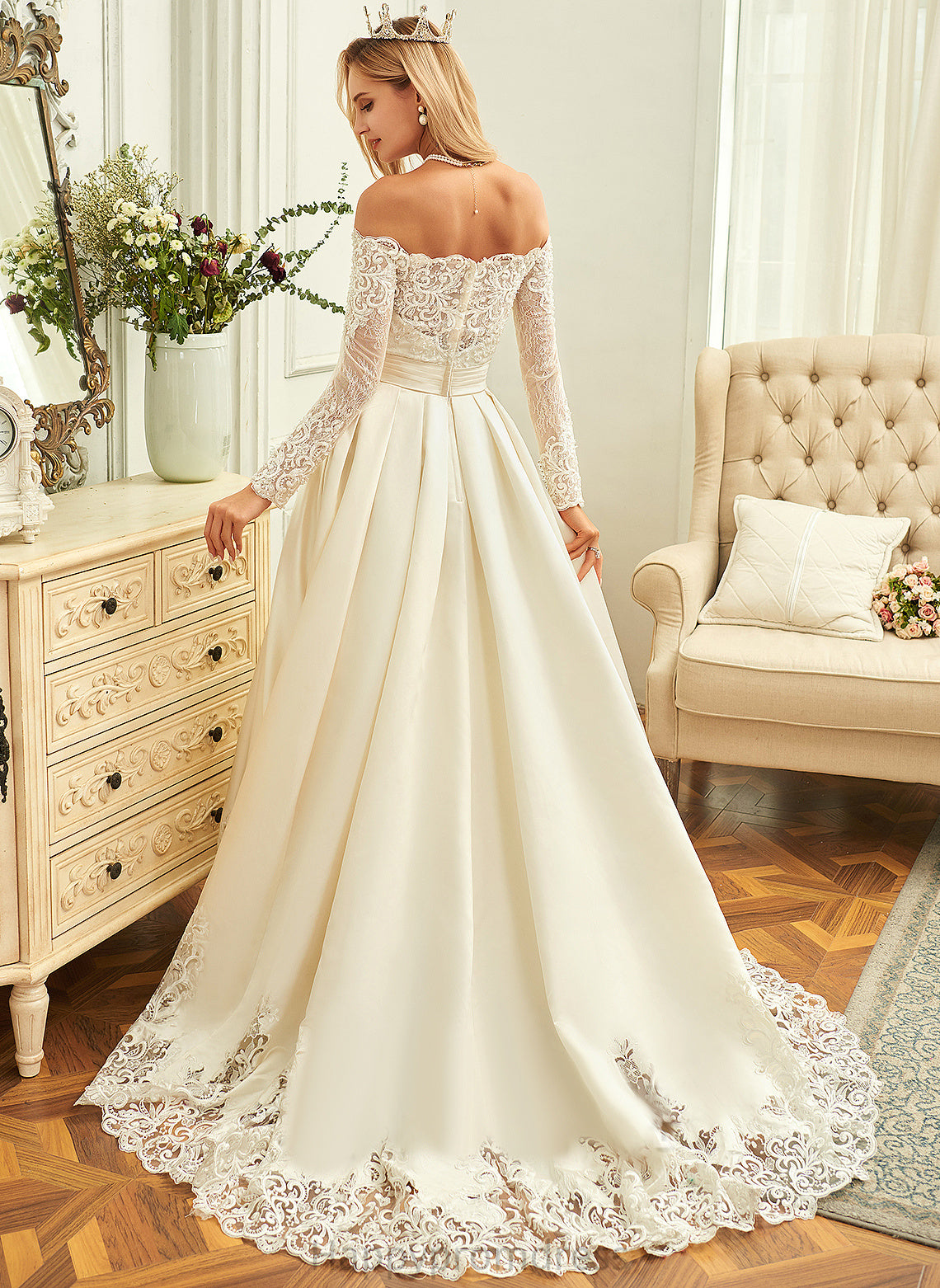 Wedding Dress Off-the-Shoulder Ball-Gown/Princess Wedding Dresses Sweep Lace With Train Beading Satin Yadira Sequins