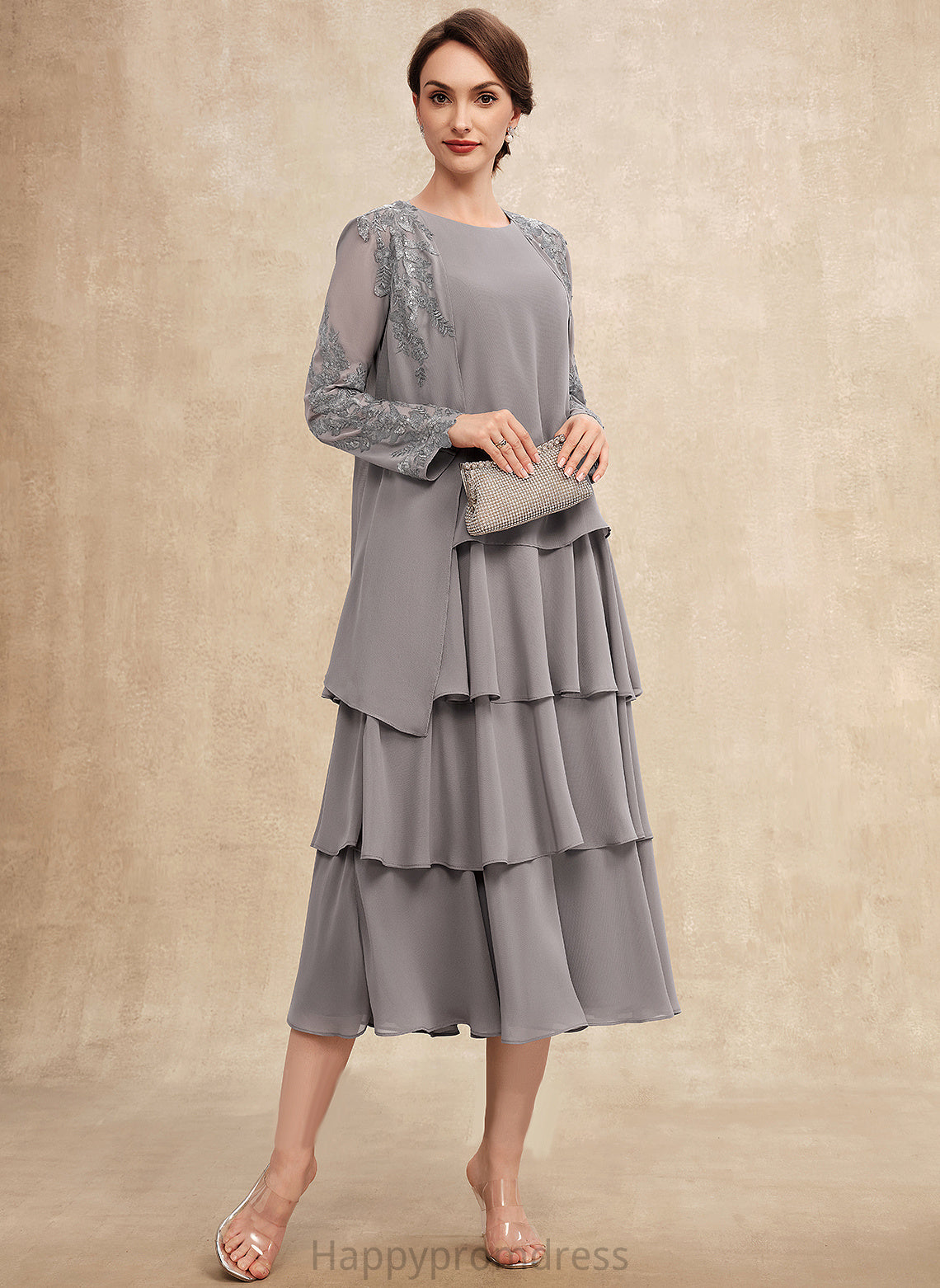 Tea-Length Chiffon A-Line Ruffles the Bride Scoop Mother With of Neck Cascading Julissa Dress Mother of the Bride Dresses