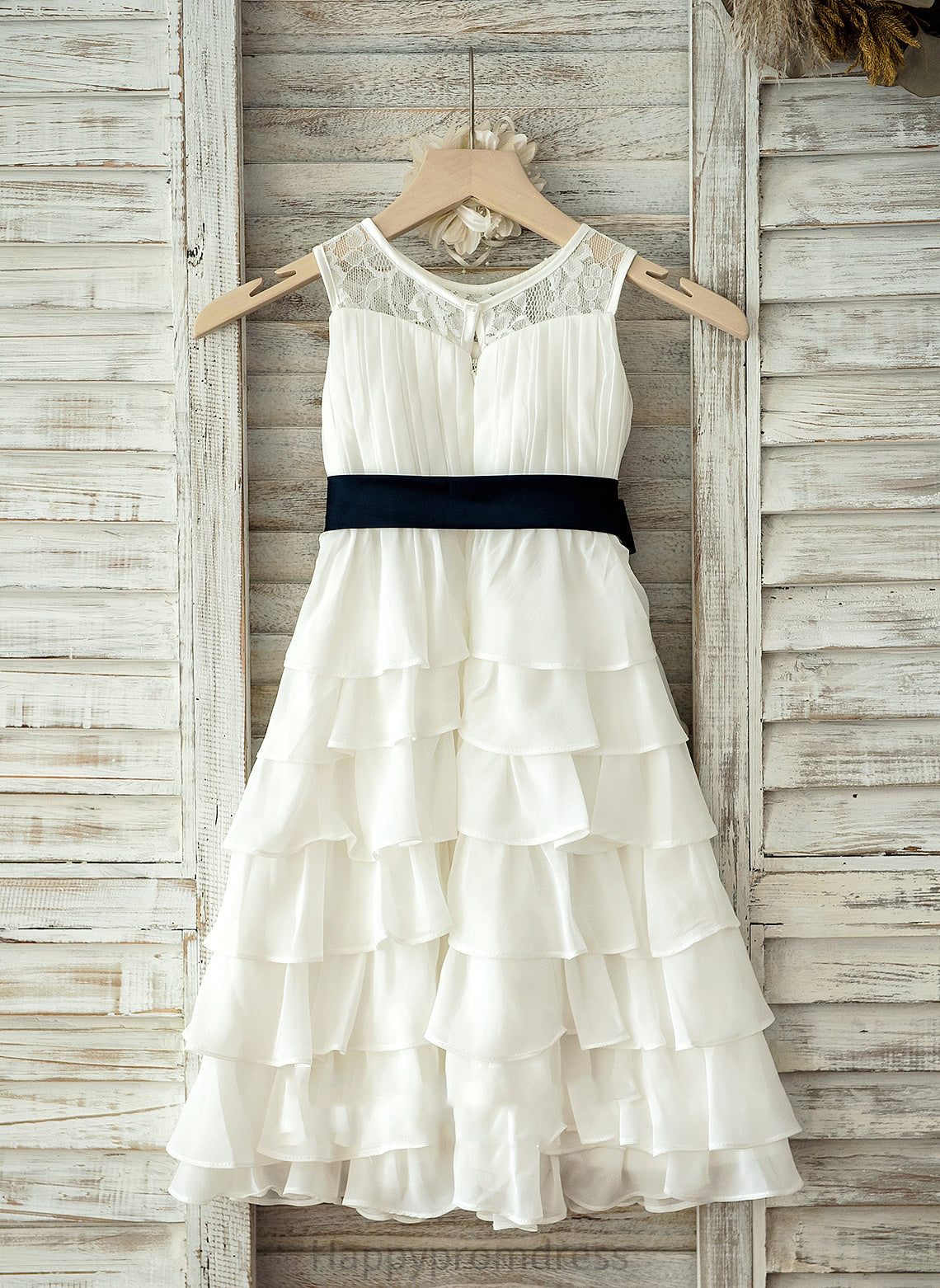 A-Line/Princess Victoria - Neck Flower Girl Ruffles/Sash With Scoop Tea-length Dress Flower Girl Dresses Chiffon/Lace Sleeveless