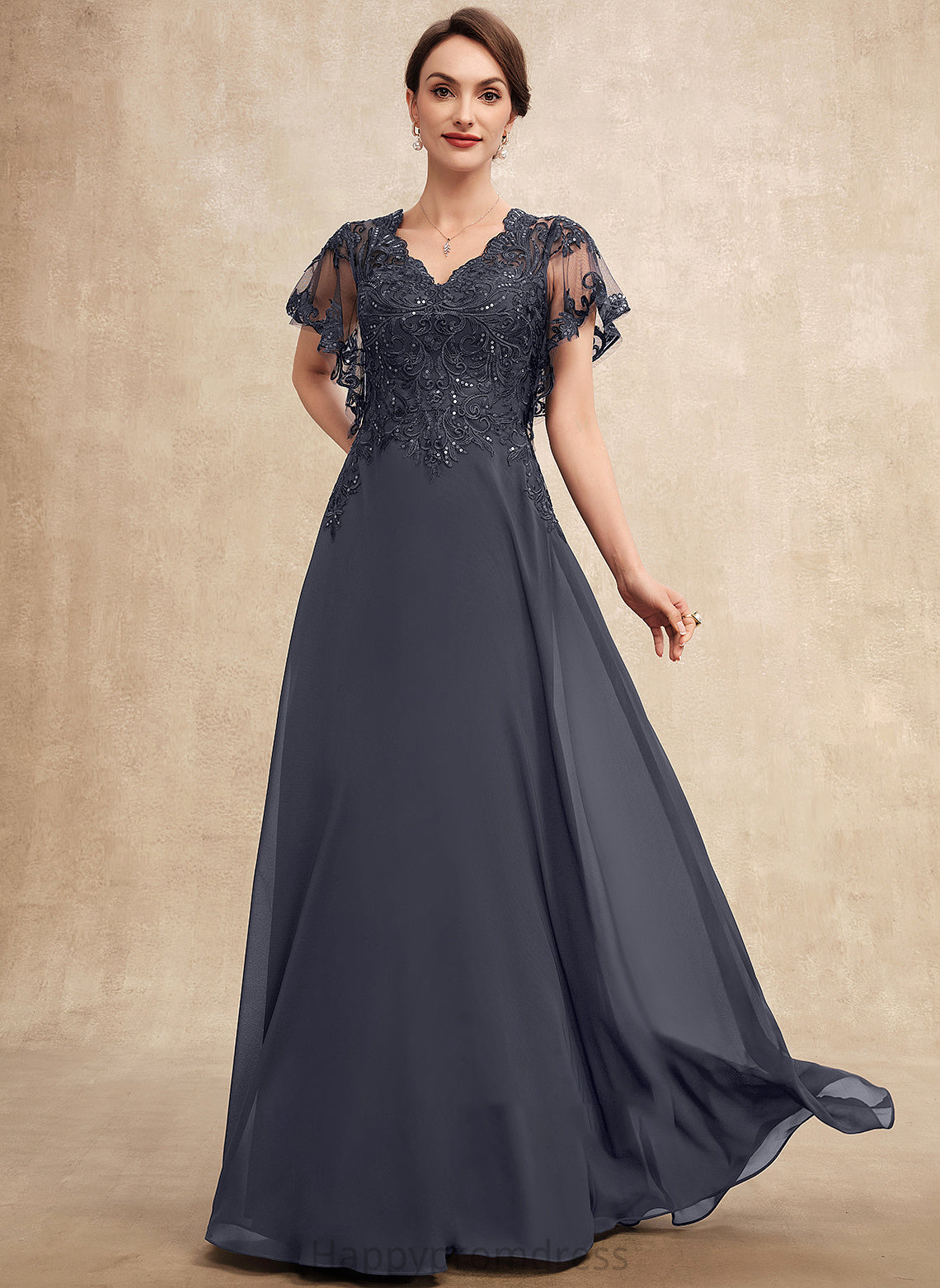 Mother A-Line Chiffon Lace Natasha Dress of Sequins V-neck Bride the With Floor-Length Mother of the Bride Dresses