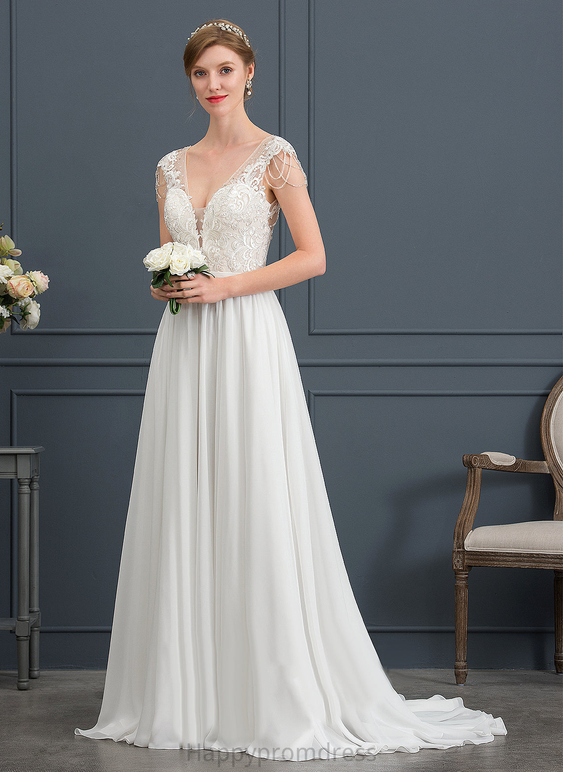 Wedding Dresses Alma Train Chiffon Wedding Lace With V-neck Sequins Beading Sweep Dress A-Line