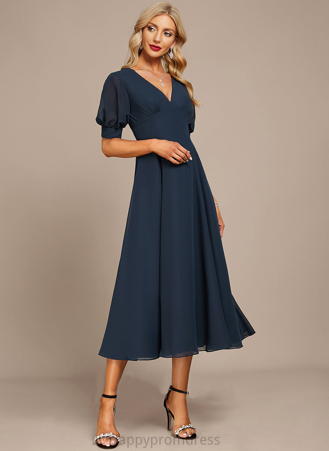 Tea-Length Dress Cocktail Chiffon V-neck A-Line Ruffle Shayna With Cocktail Dresses