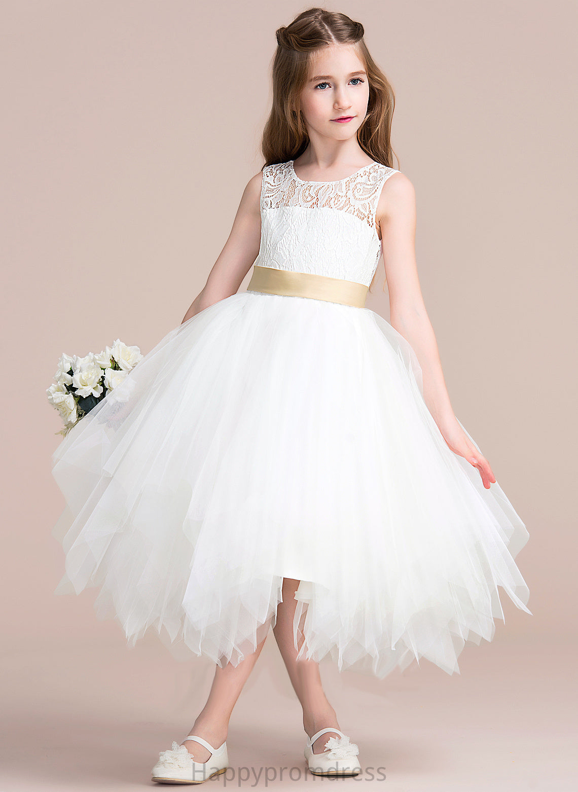 Tulle/Lace Sleeveless Sash/Back (Detachable Dress sash) Neck A-Line Morgan Flower With Flower Girl Dresses - Hole Tea-length Girl Scoop