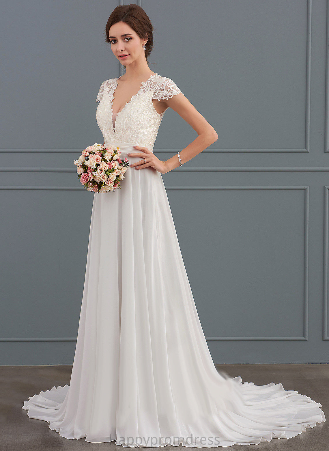 Wedding Dresses V-neck Dress Train A-Line With Wedding Sweep Lace Jill Ruffle Chiffon