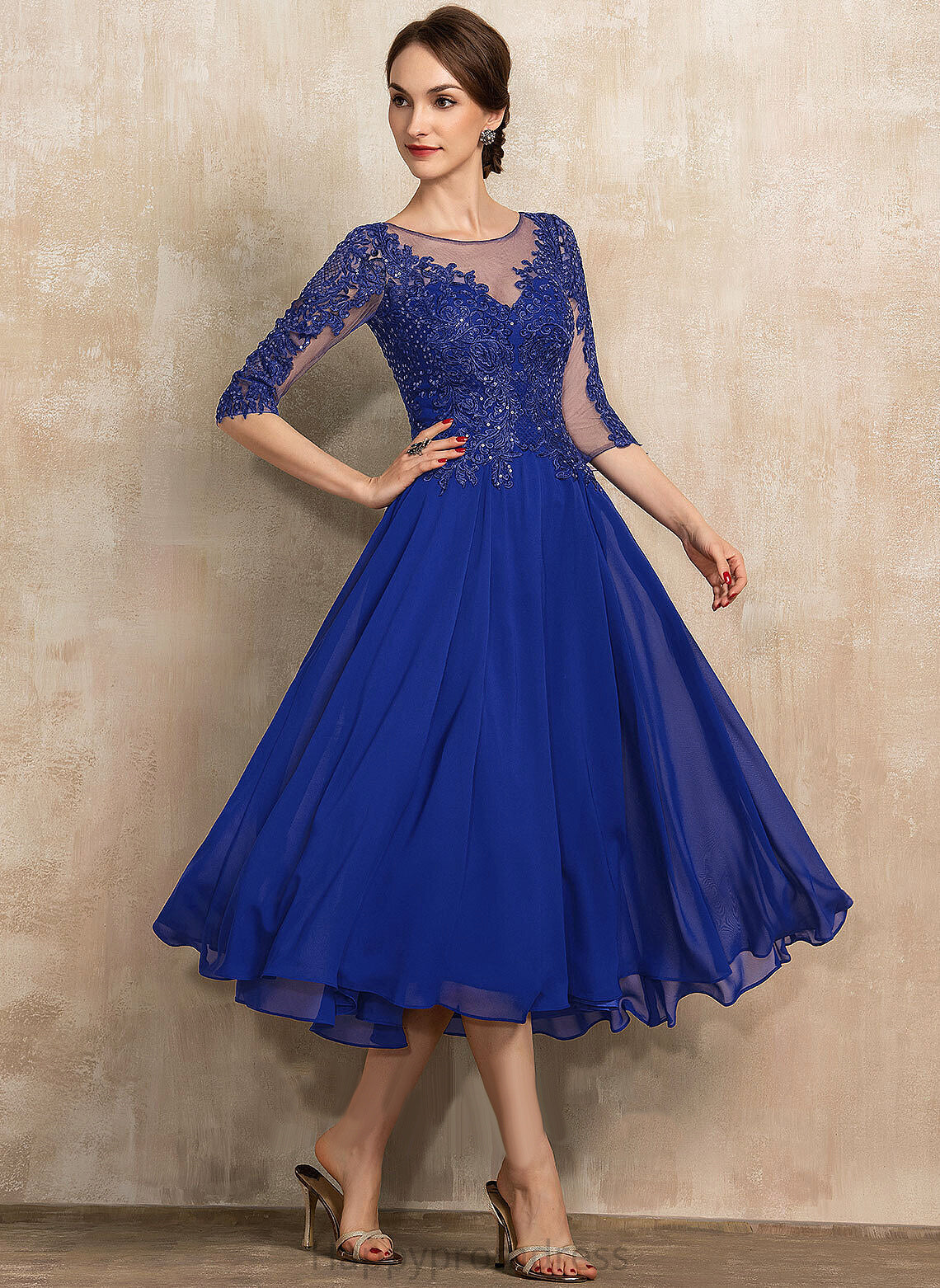 A-Line Lace Scoop Tea-Length With Cocktail Dress Chiffon Sequins Neck Cocktail Dresses Gill