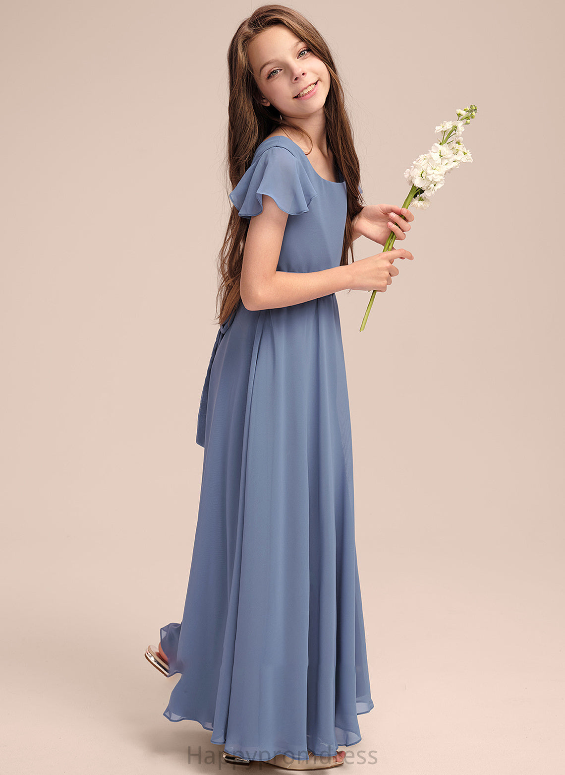 Chiffon Ayanna Neck A-Line Scoop Bow(s) Floor-Length Junior Bridesmaid Dresses With