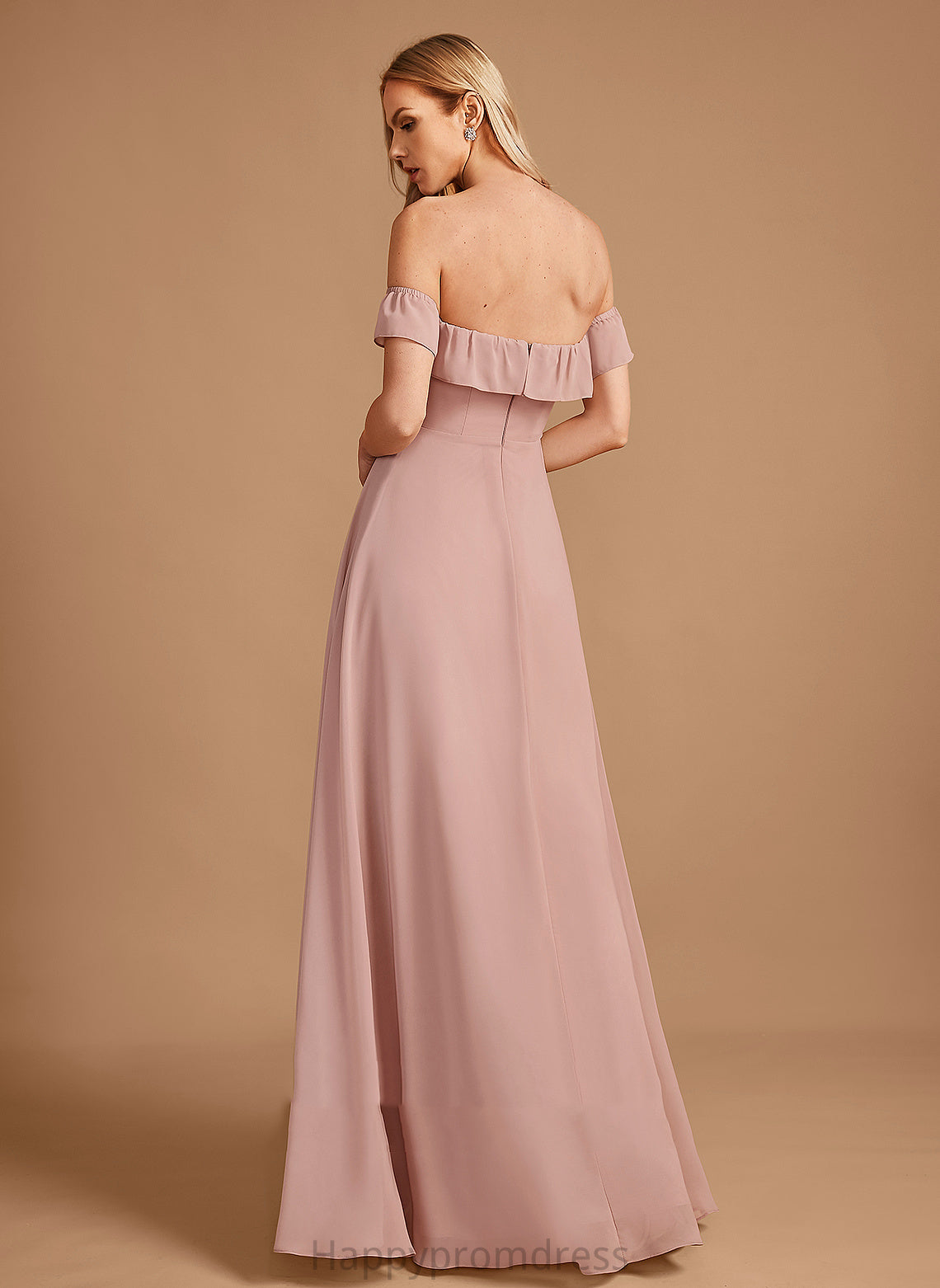 Fabric Neckline Silhouette Length Off-the-Shoulder Ruffle Embellishment Floor-Length A-Line Alyson Natural Waist Sleeveless Bridesmaid Dresses