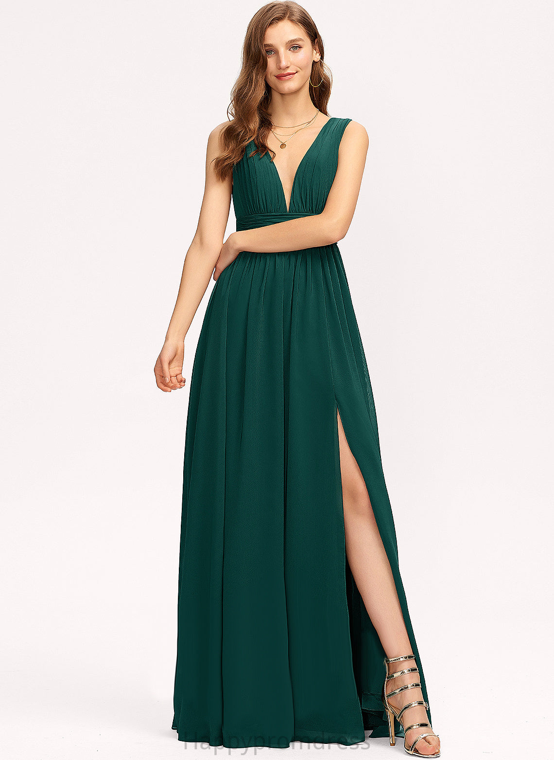 V-neck Embellishment Pleated Neckline Floor-Length Fabric Length A-Line Silhouette Jade Sleeveless Floor Length Bridesmaid Dresses