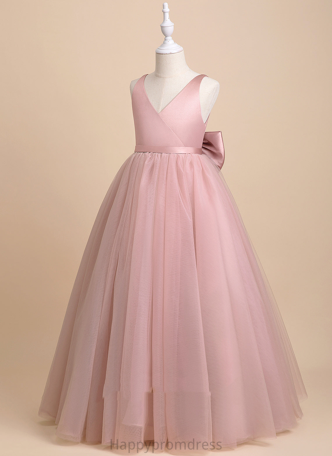 V-neck Bow(s)/V Floor-length Evie - Back Flower Tulle Ball-Gown/Princess Girl Flower Girl Dresses With Sleeveless Dress