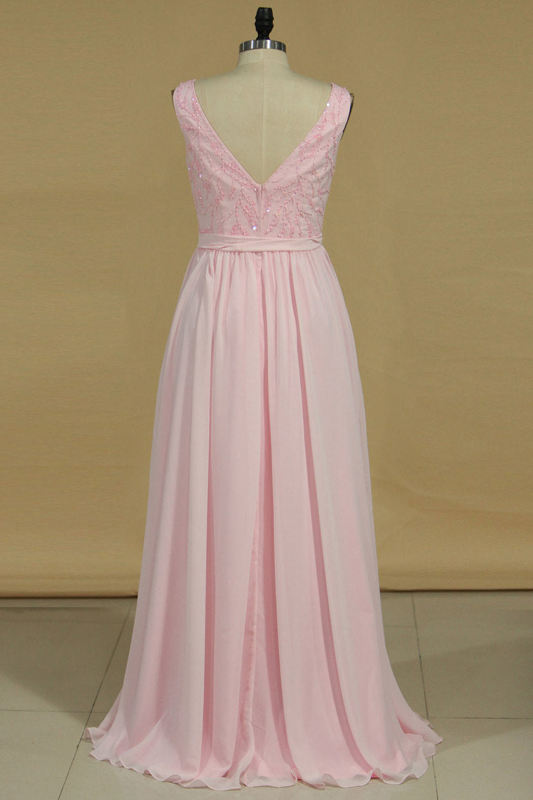 2024 A Line Bridesmaid Dresses V Neck Beaded Bodice Chiffon Floor Length