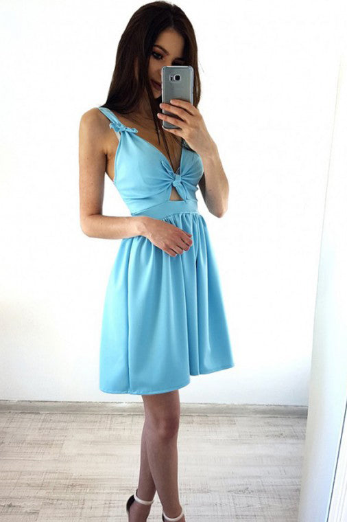 Sexy A-Line V-Neck Light Blue Short Party Dresses With Straps