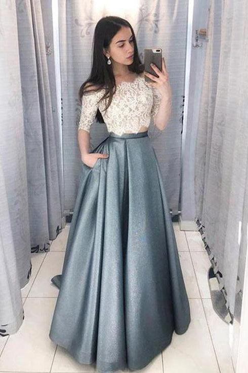 Two Piece Off the Shoulder Half Sleeves Lace Long Prom Dresses