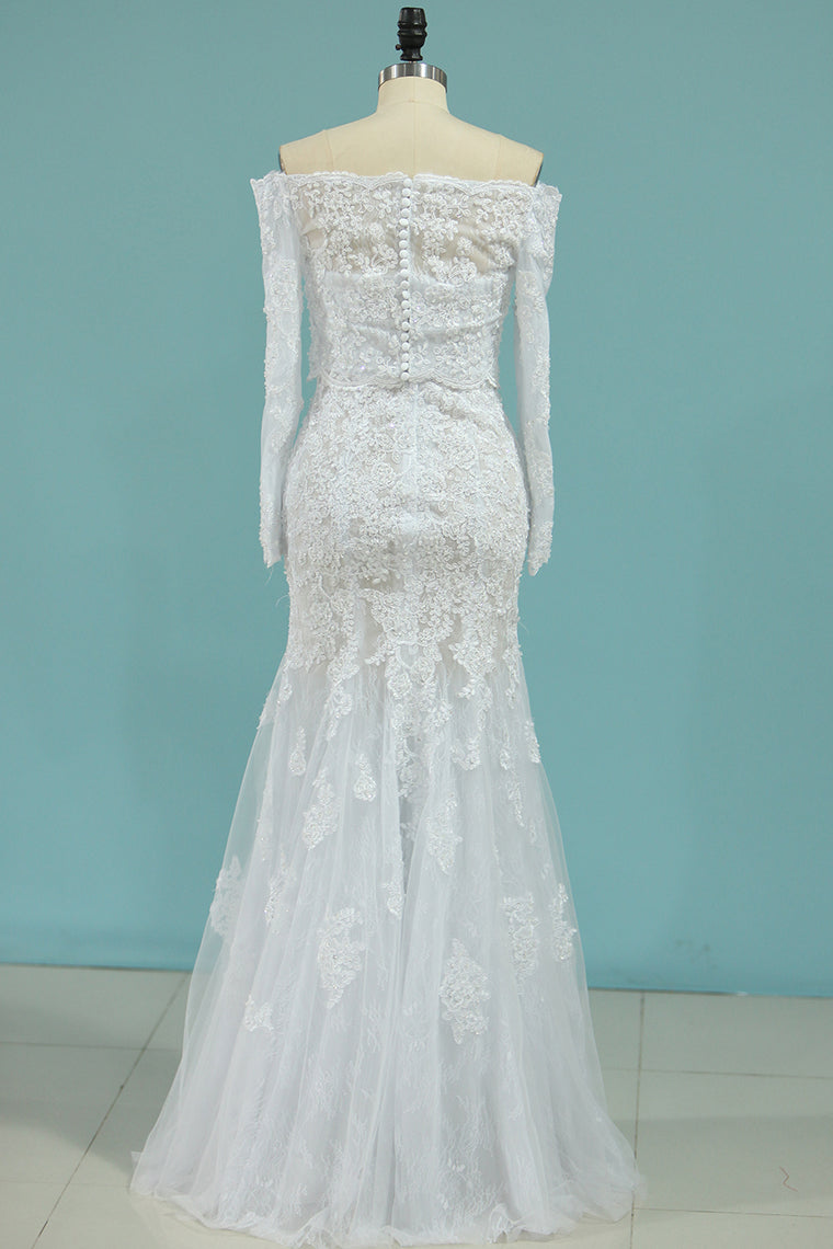 2024 Mermaid Boat Neck Wedding Dresses With Applique Chapel Train Lace