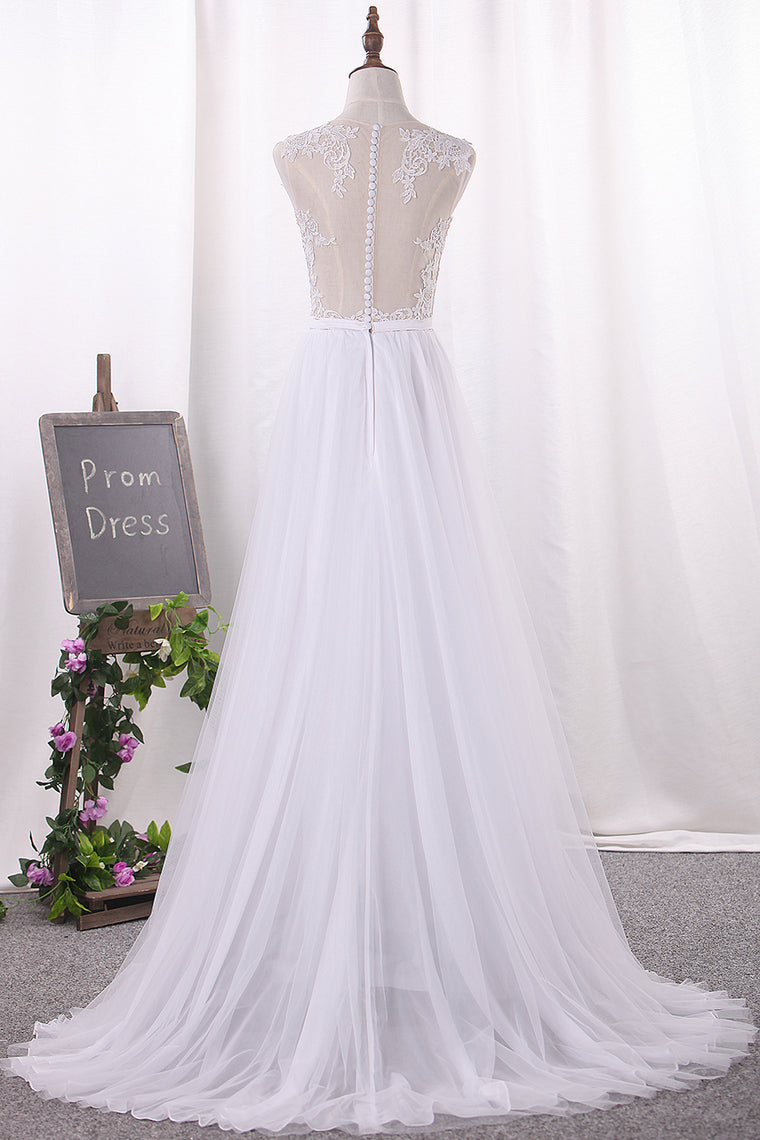 2024 A Line Tulle Scoop With Applique And Slit Wedding Dresses