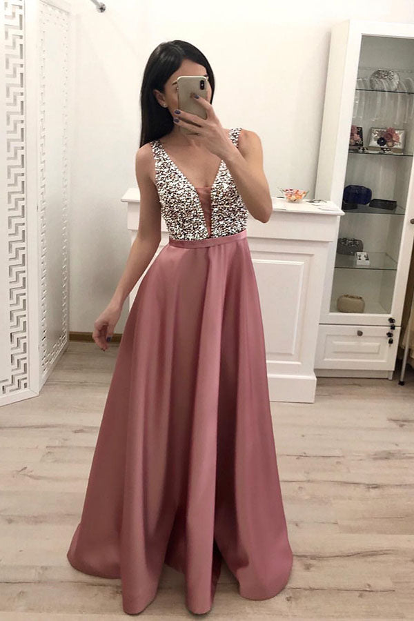 Stunning V Neck Sleeveless Satin with Beading Floor Length Prom Dresses