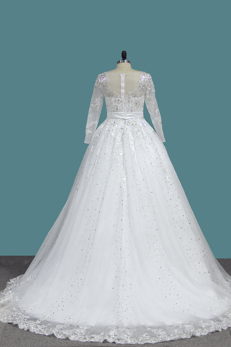 2024 A Line Long Sleeves Tulle Wedding Dresses With Applique And Sash