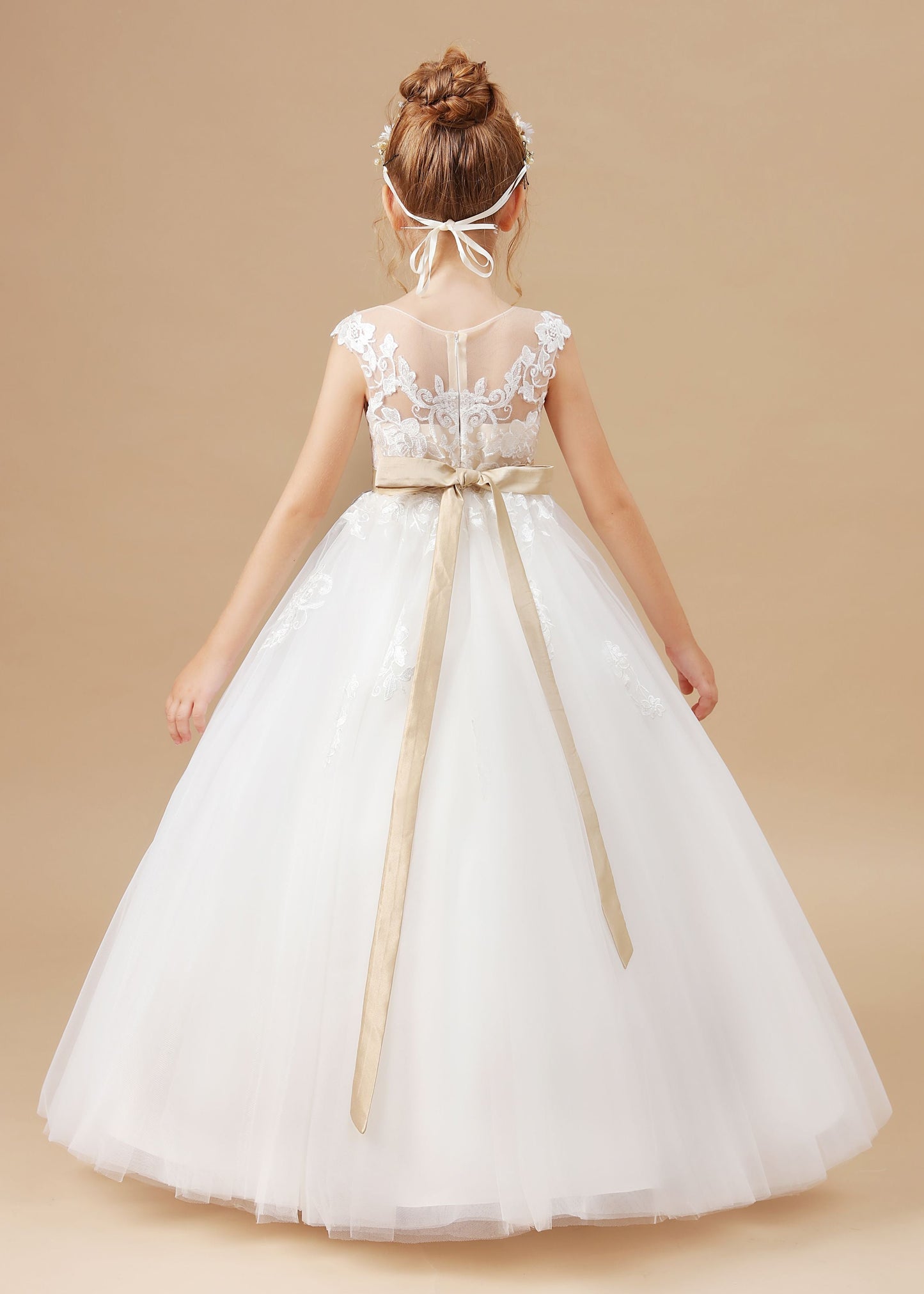 Ivory Sleeveless Tulle Satin Flower Girl Dresses With Champagne Bowknot