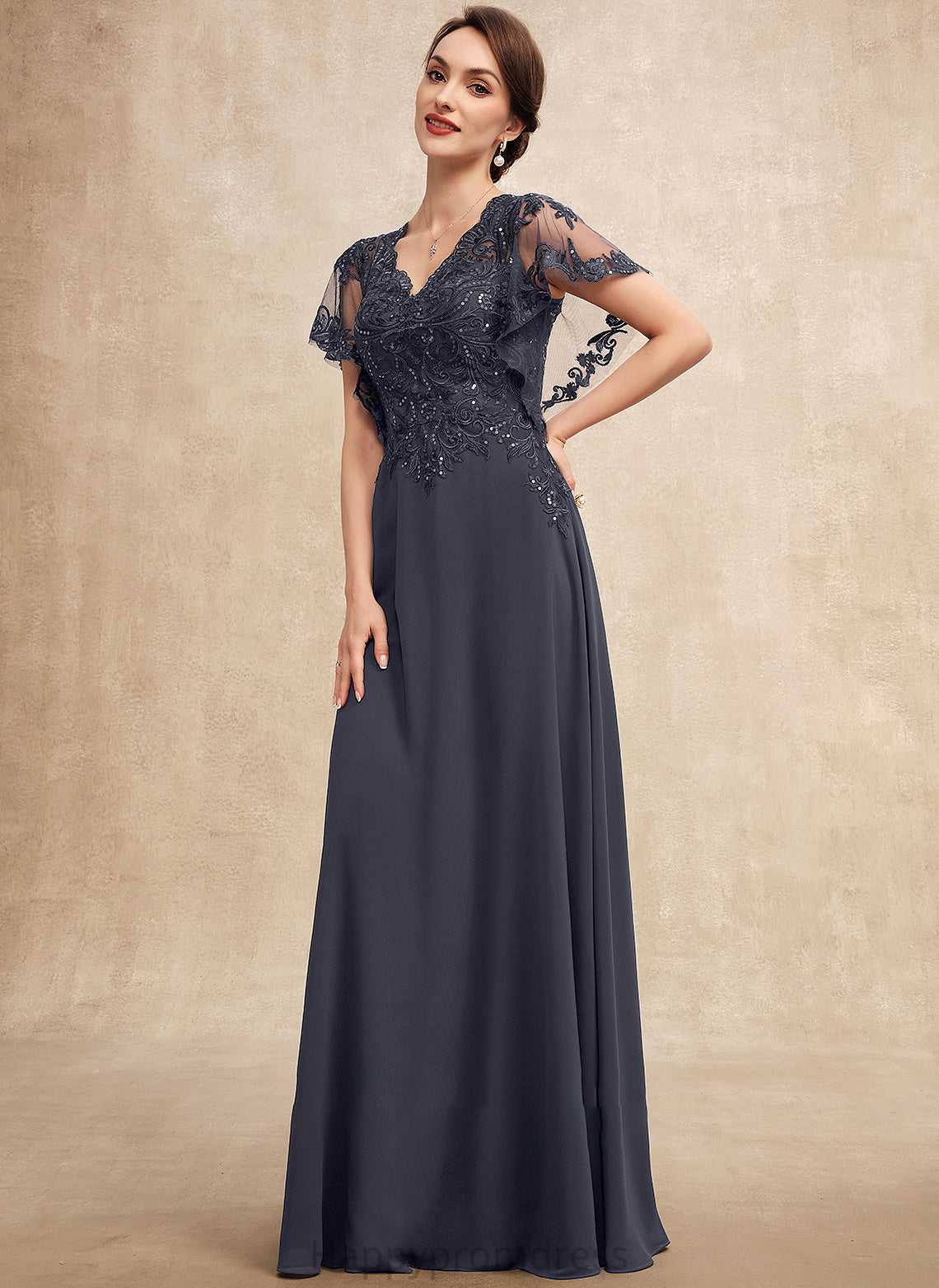 Mother A-Line Chiffon Lace Natasha Dress of Sequins V-neck Bride the With Floor-Length Mother of the Bride Dresses