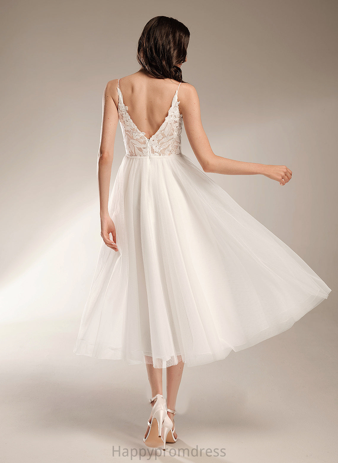 Wedding Dresses Tulle A-Line Lace Persis Dress Tea-Length Wedding V-neck