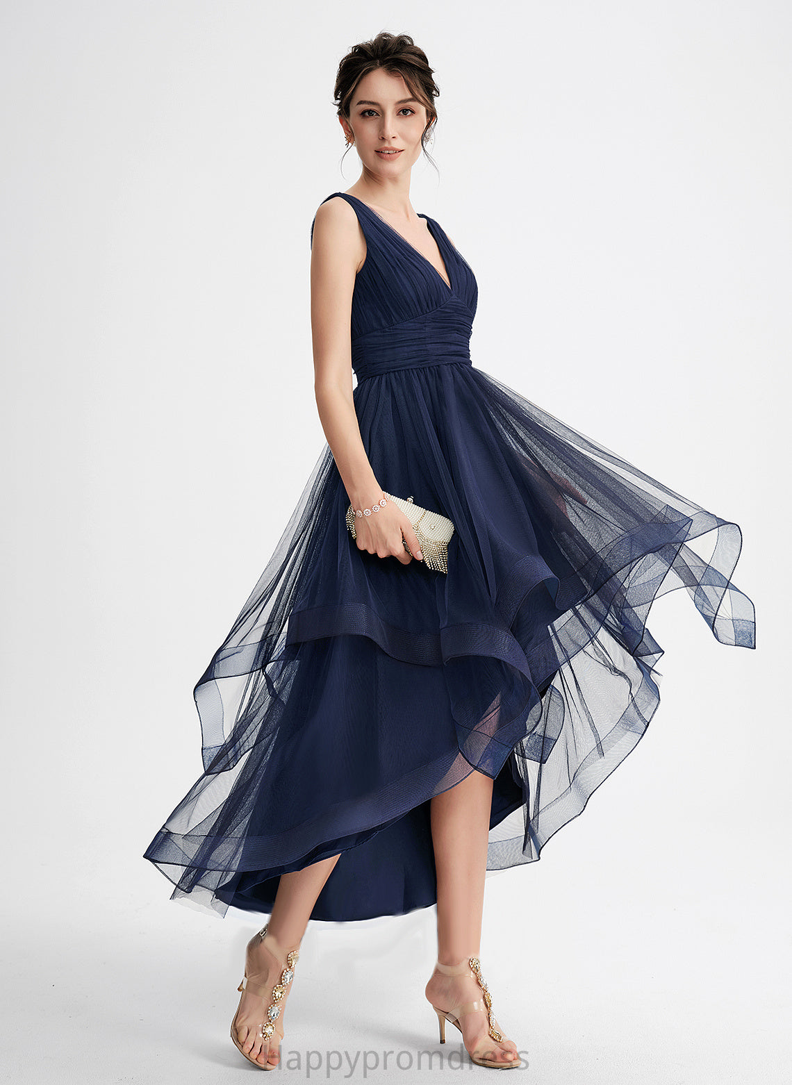 Adrienne Asymmetrical Tulle Cascading V-neck With A-Line Dress Pleated Cocktail Cocktail Dresses Ruffles