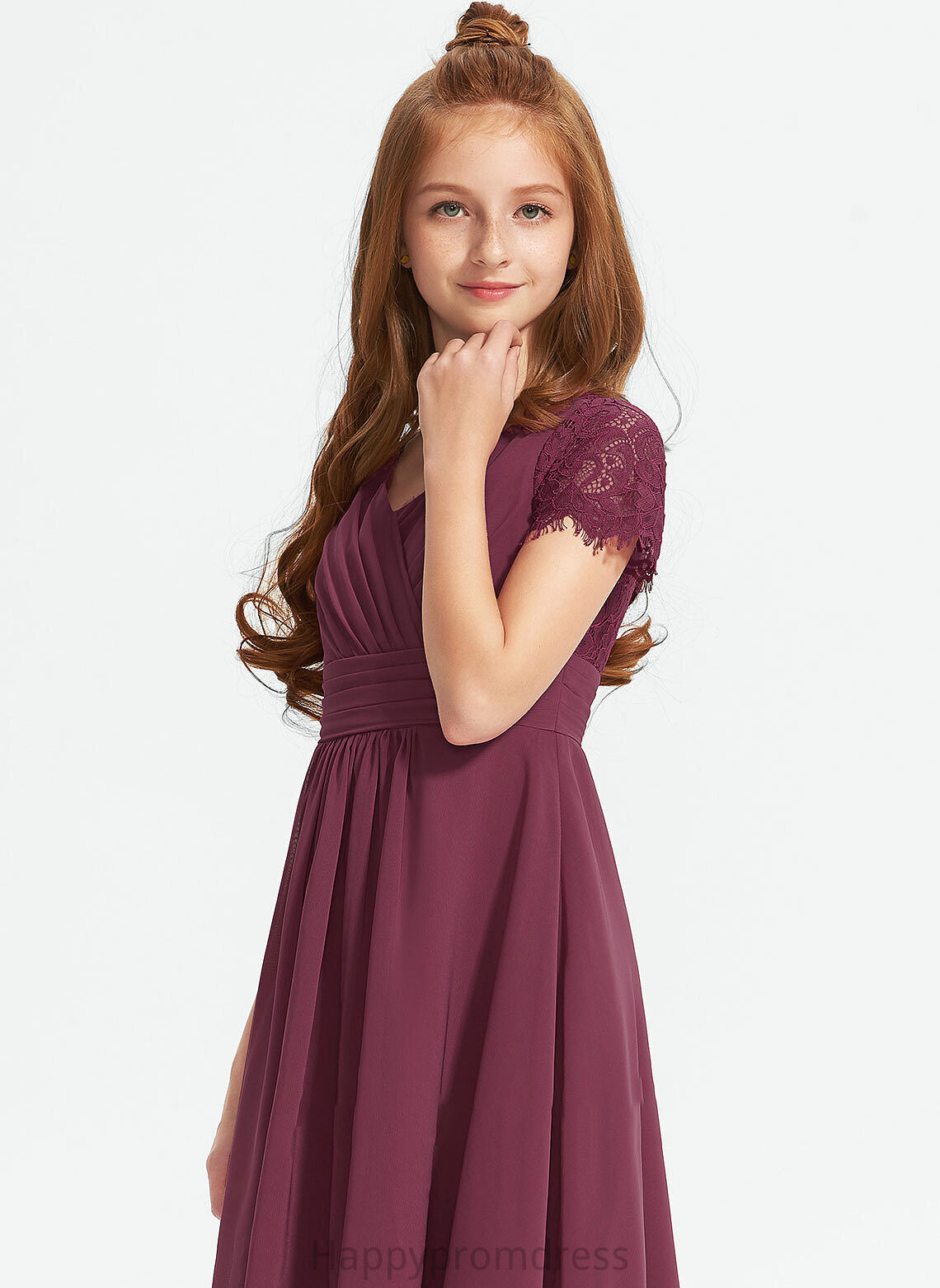 Lace With A-Line Chiffon Ruffle Haylie Asymmetrical Junior Bridesmaid Dresses V-neck