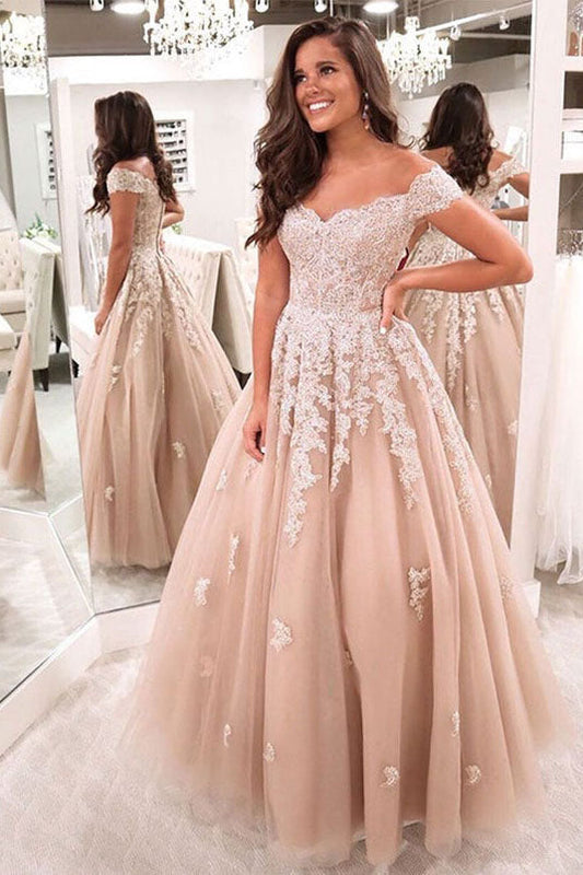 Off the Shoulder Tulle Lace Long Appliques Formal Evening Dresses A Line Prom Dresses