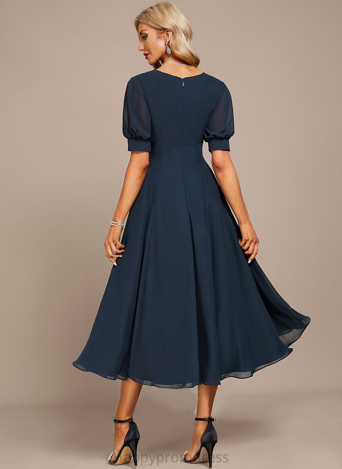 Tea-Length Dress Cocktail Chiffon V-neck A-Line Ruffle Shayna With Cocktail Dresses