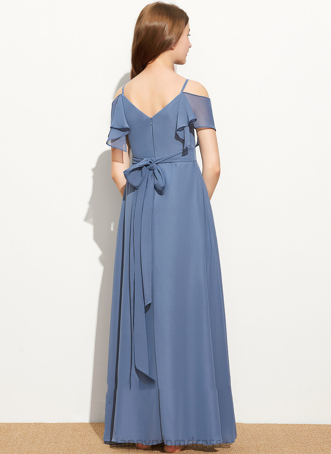 Chiffon Off-the-Shoulder Ruffle Floor-Length Junior Bridesmaid Dresses With A-Line Nataly Bow(s)