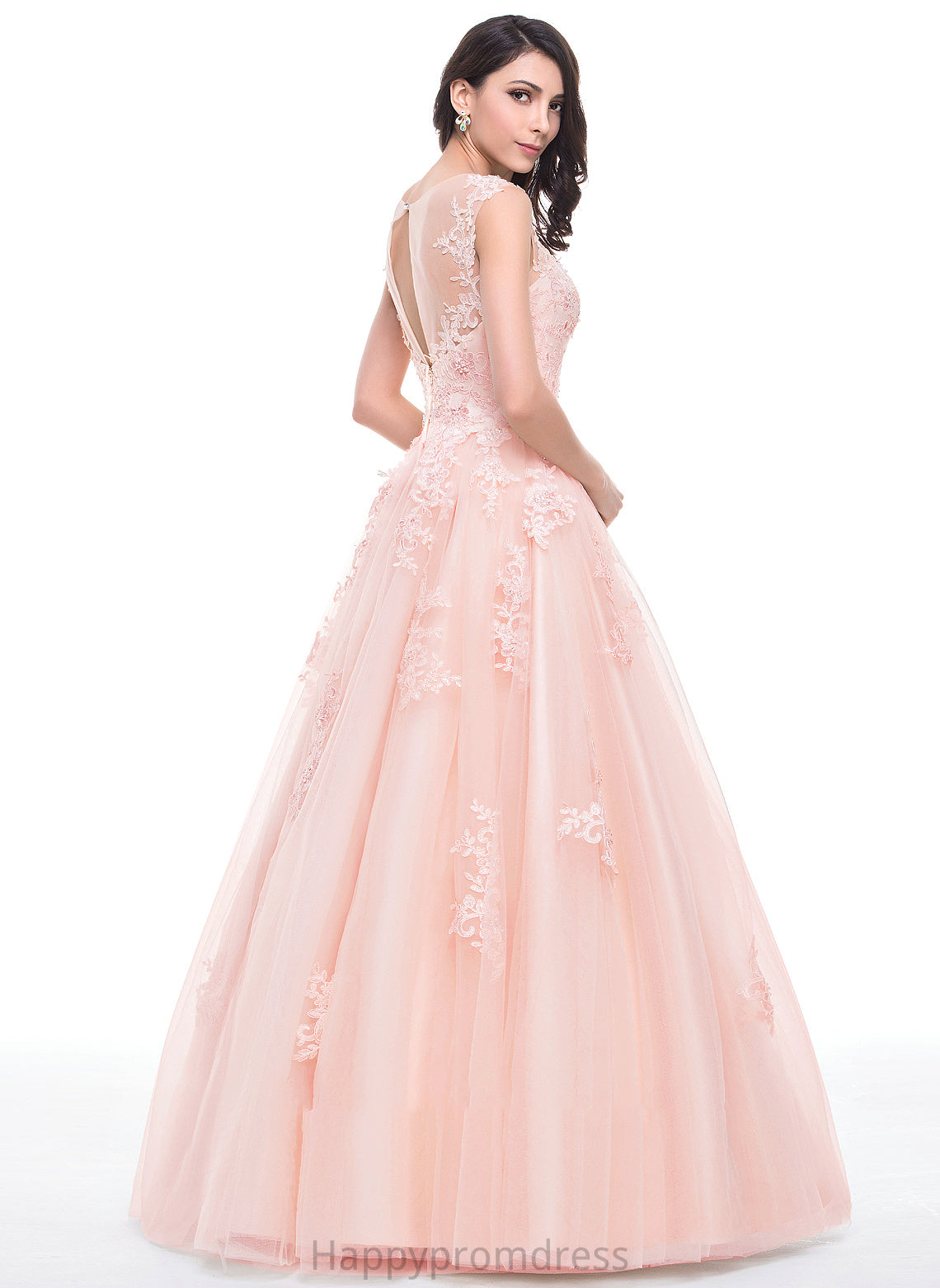 Appliques Scoop Ball-Gown/Princess With Sequins Prom Dresses Winnie Lace Tulle Neck Beading Floor-Length