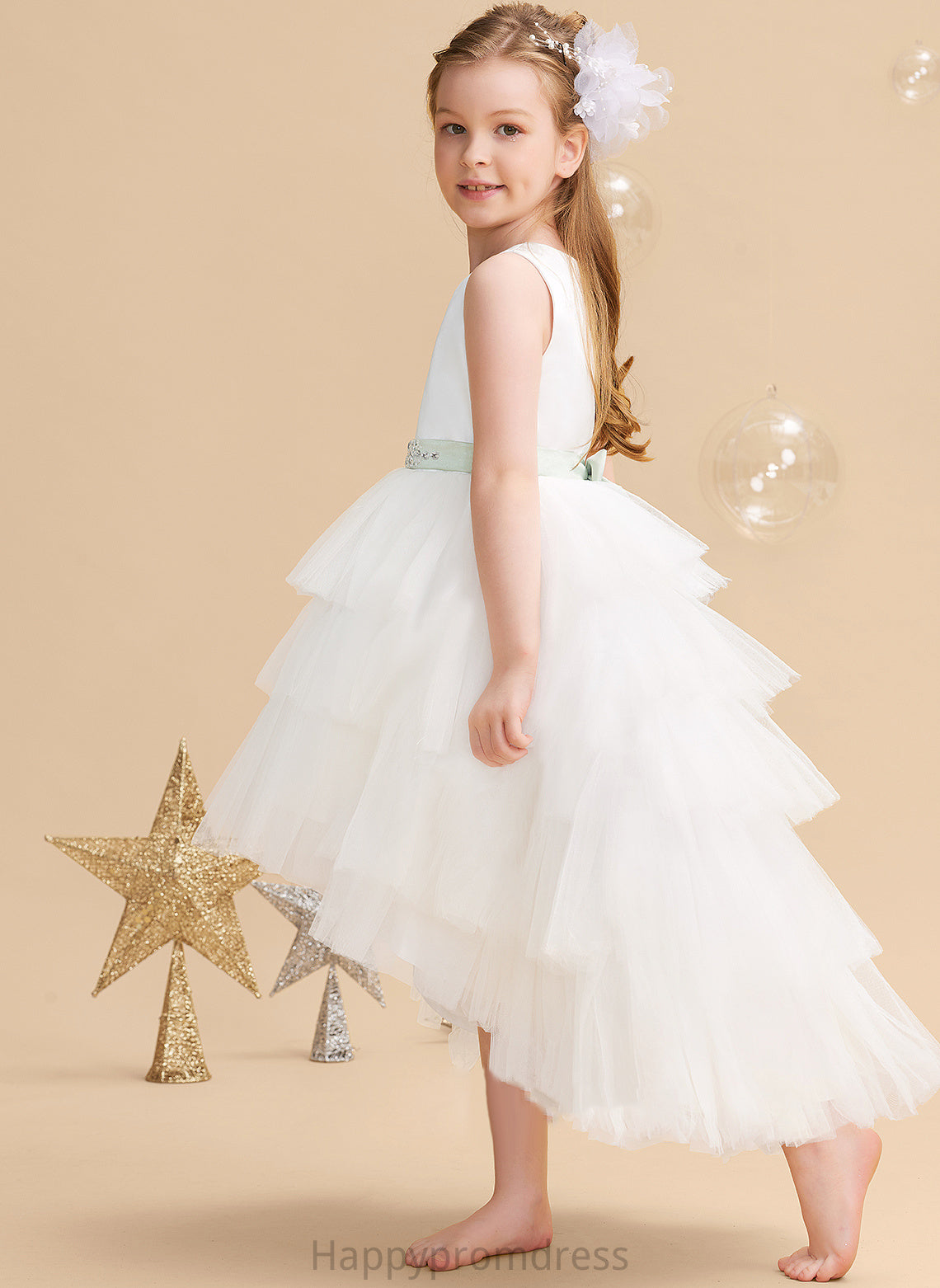 - With Flower Ball-Gown/Princess Tulle Asymmetrical Brooklynn (Detachable Neck Girl sash) Scoop Sash/Beading Flower Girl Dresses Sleeveless Dress