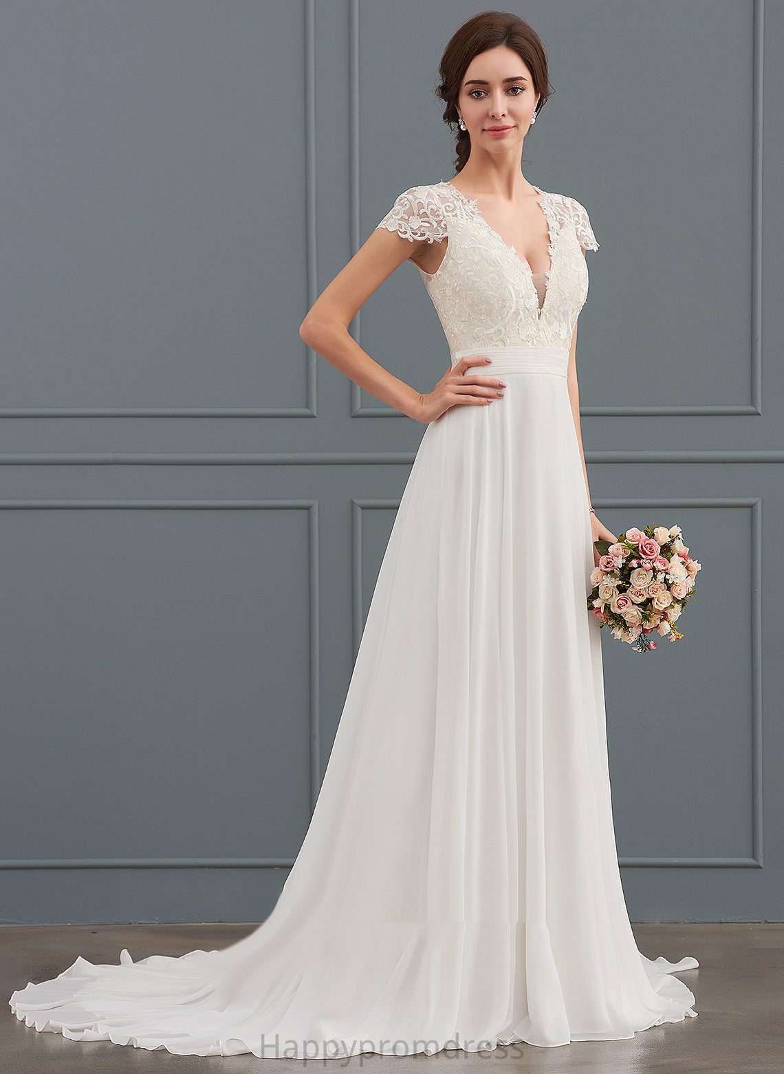 Wedding Dresses V-neck Dress Train A-Line With Wedding Sweep Lace Jill Ruffle Chiffon